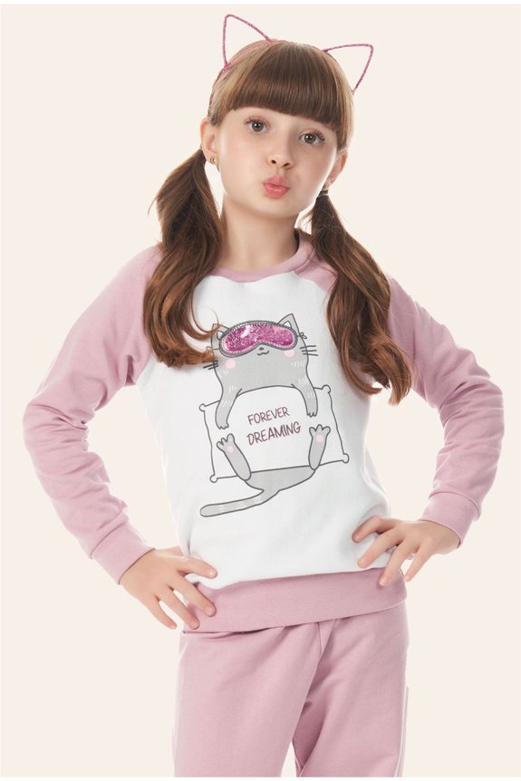 01 pijama infantil feminino moletinho rosa gatinho bela notte