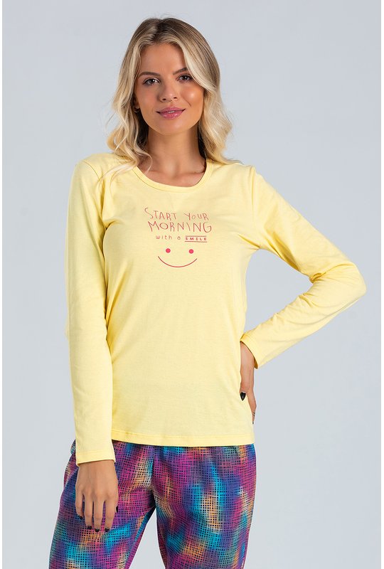 01 pijama feminino adulto manga longa bela notte amarelo