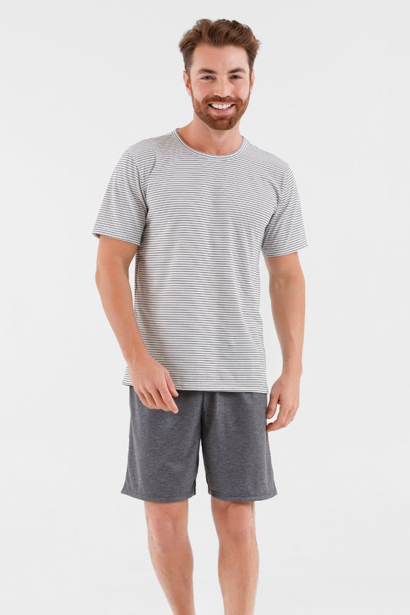 06 pijama masculino adulto curto bela notte cinza listrado