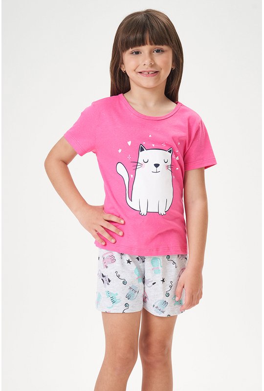 08 pijama infantil feminino divertido bela notte rosa gato