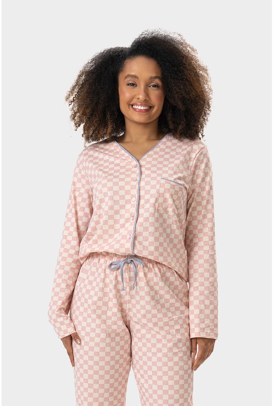 02 pijama feminino adulto americano longo quadriculado bela notte