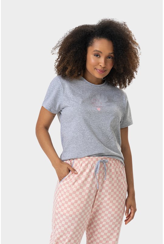 02 pijama feminino adulto curto com calca quadriculado bela notte