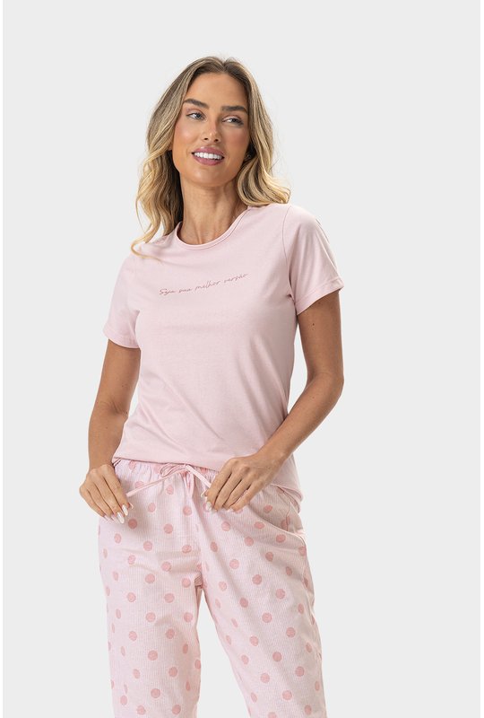 02 pijama feminino adulto manga curta com calca poa bela notte
