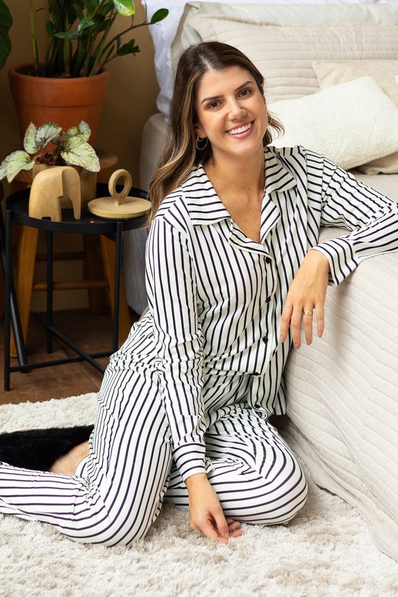 Pijama De Frio Feminino Plus Size Manga Longa Calça Listrada