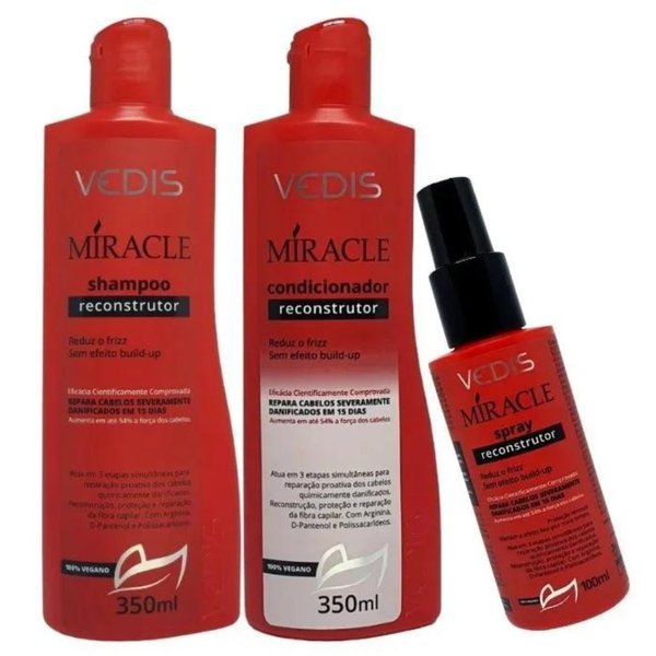 kit shampoo condicionador e spray miracle vedis 3 itens