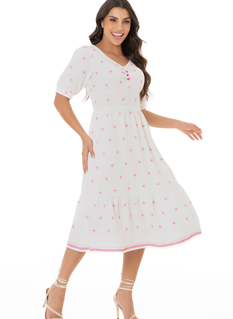 Vestido Midi Xadrez Rosa Claro com Decote e Mangas Bufantes - Alice