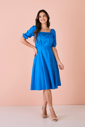 Vestido Longo Floral Plus Size em Tricoline (Azul)