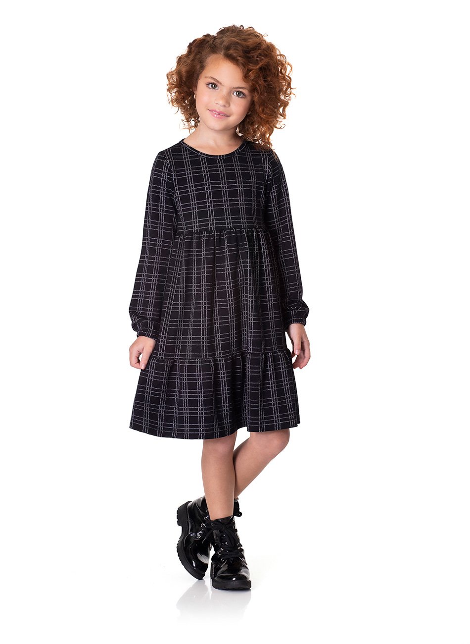 Vestido Infantil Xadrez Preto com Faixa na Cintura - Big Bless