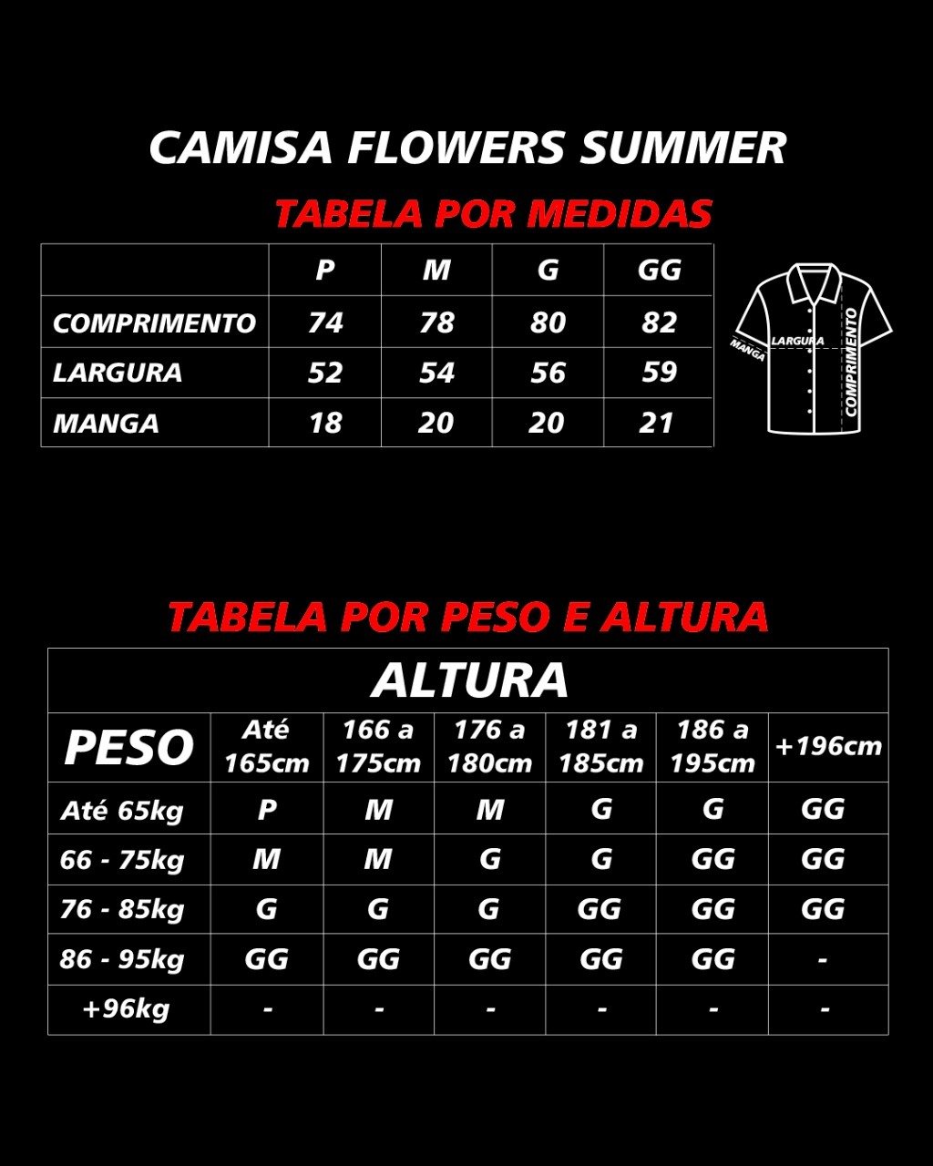 tabela de medida camisa flowers summer