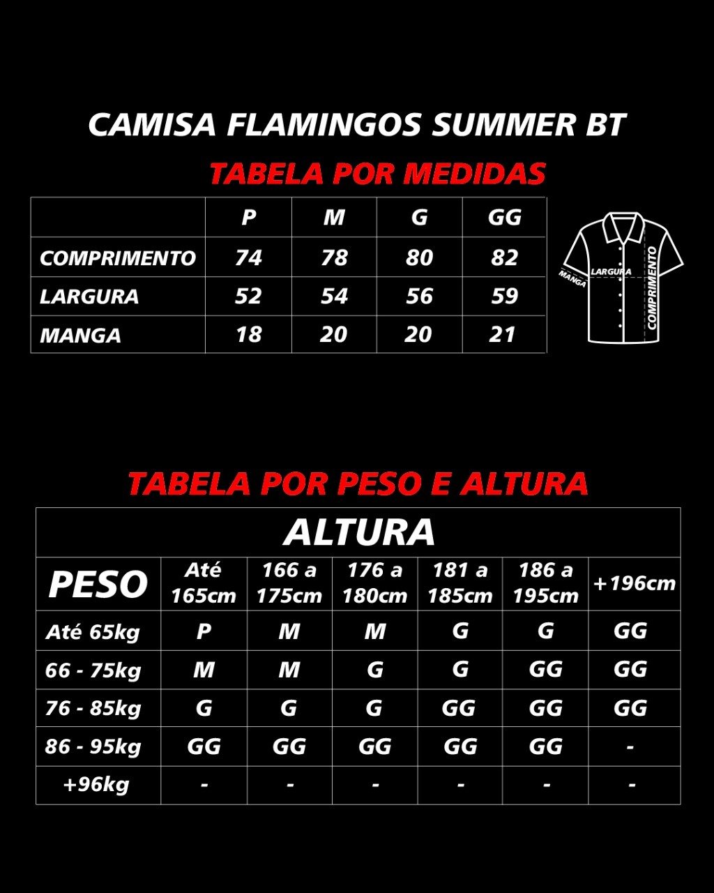 tabela de medidas camisa flamingos summer