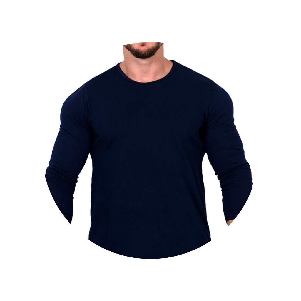 camiseta manga longa longline marinho azul bluhen algodao casual basica liso lisa gola redonda inverno outono 3 4