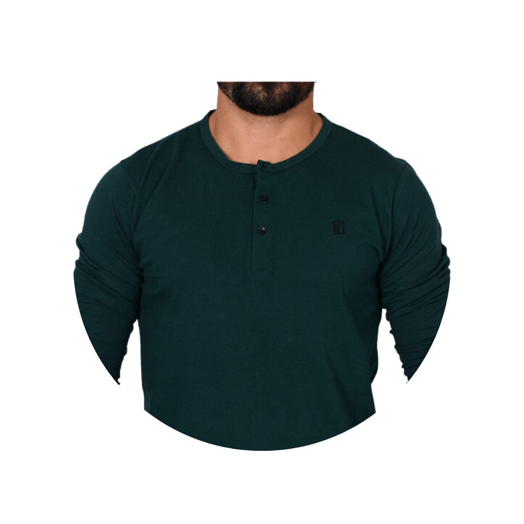 camiseta masculina manga longa henley gola portuguesa inverno casual estiloso formal verde esmeralda bluhen 2