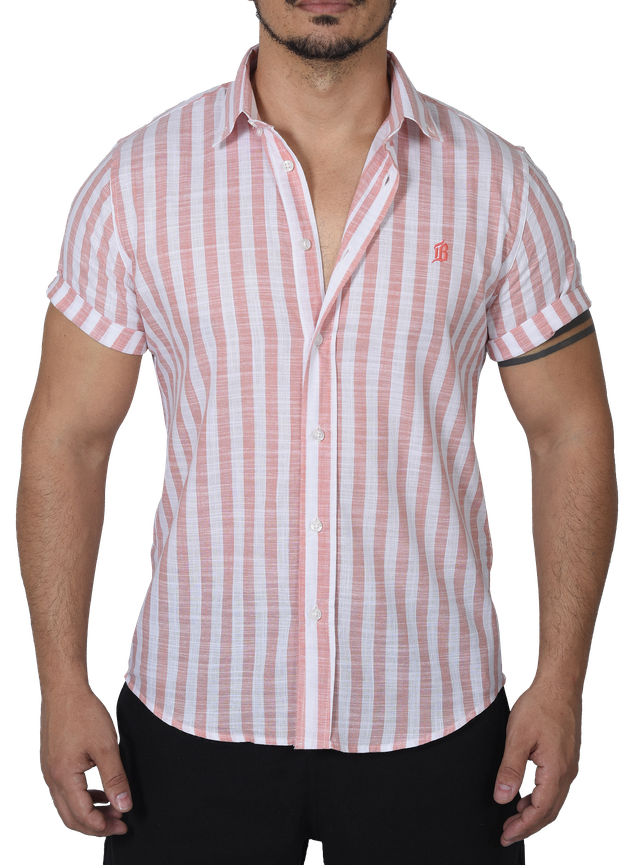camisa slim listrada curta salmao masculina corbett 2