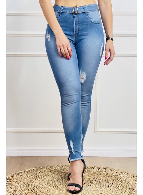 Calça Jeans Feminina One Cropped Cintura Alta com Cinto Destroyed