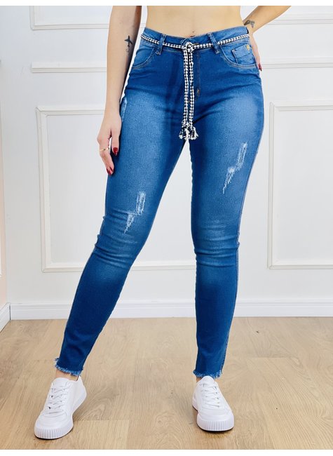 Calça Jeans Feminina One Lycra Premium Cinto de Corda Azul