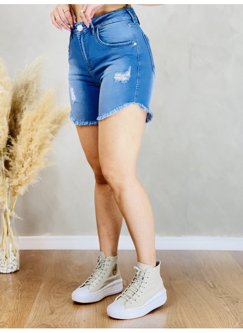 Short Feminino Jeans One Meia Coxa com Cinto Corda Colorido
