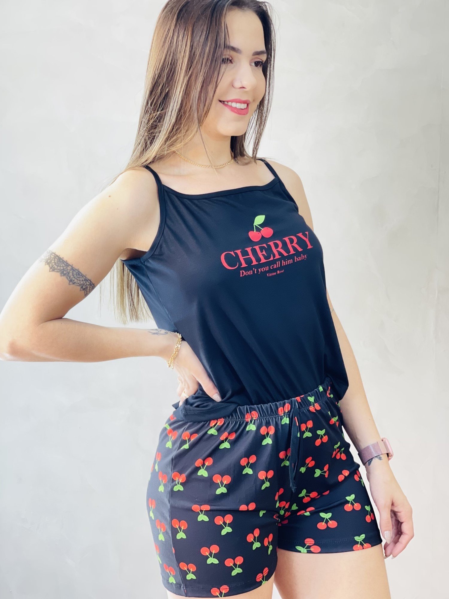 Pijama Feminino Conjunto Blusa De Alcinha E Short Cereja