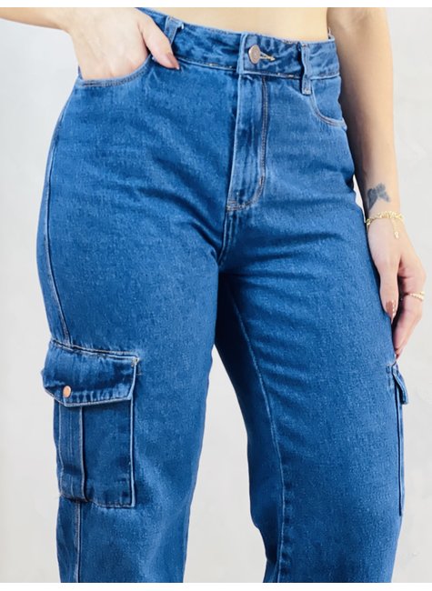 Calça Jeans Feminina Wide Leg Consciência Cargo