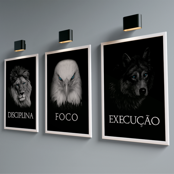 Quadro decorativo 3 telas Foco Execução e Disciplina