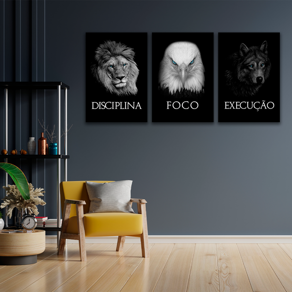 Quadro decorativo 3 telas Foco Execução e Disciplina