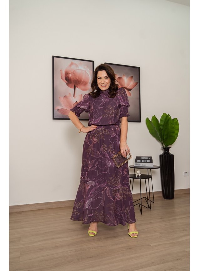Vestido Luciana Pais Longo Manga Bufante Crepe Exclusiva 93944