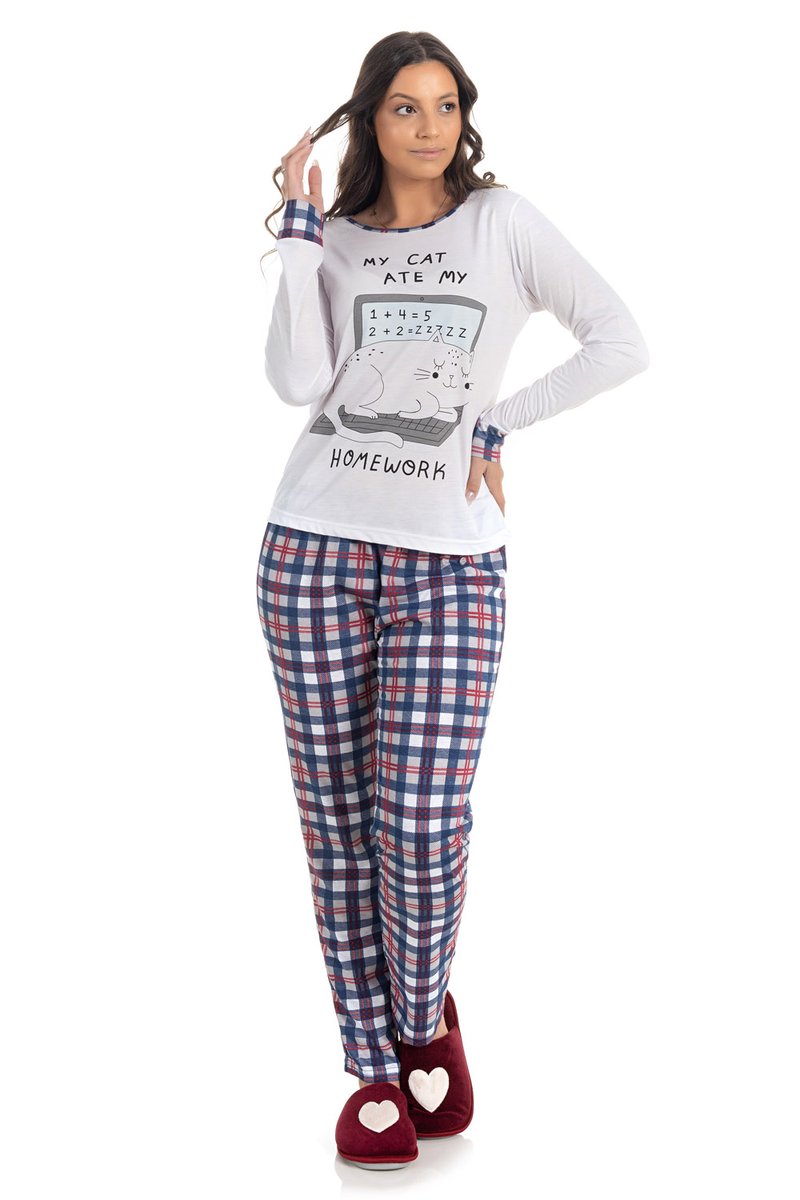 Pijama Feminino Gato Dormindo Branco