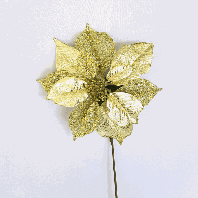 Flor Artificial Natalina Poinsétia Tecido Dourado Haste