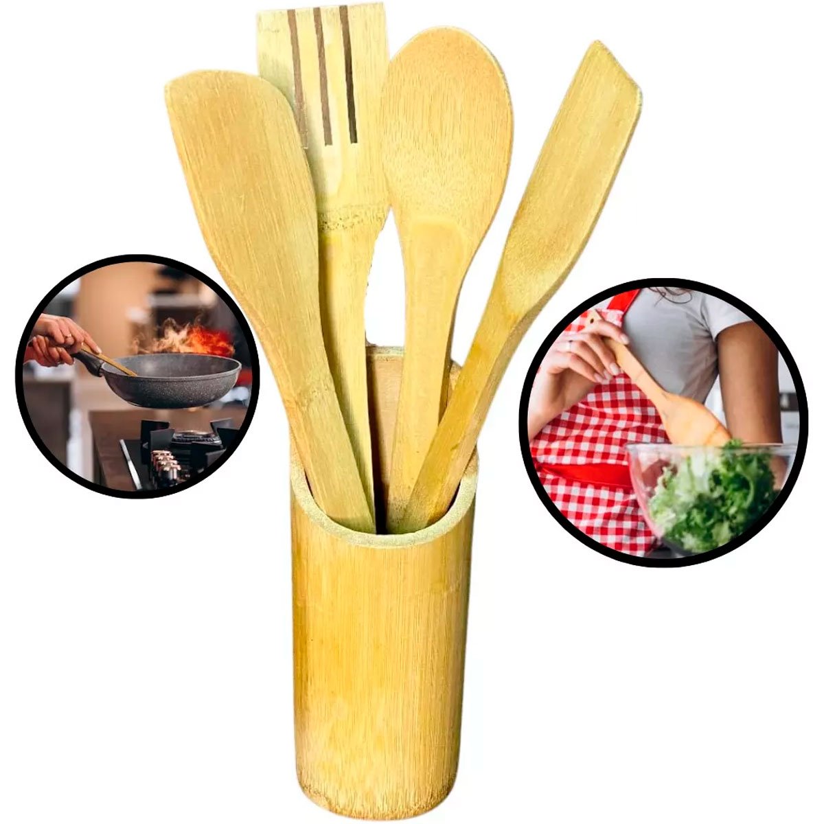 04 conjunto kit 5 utensilios de madeira bambu ecologico