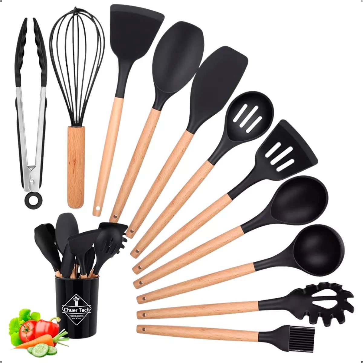kit 12 utensilios de cozinha em silicone e cabo de madeira6