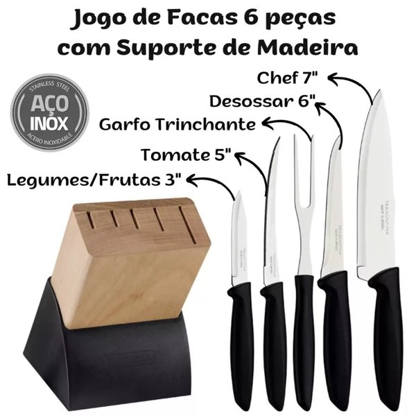 Jogo Facas Cozinha Tramontina Suporte Tábua 6 Peças Madeira, jogo de peças  de madeira