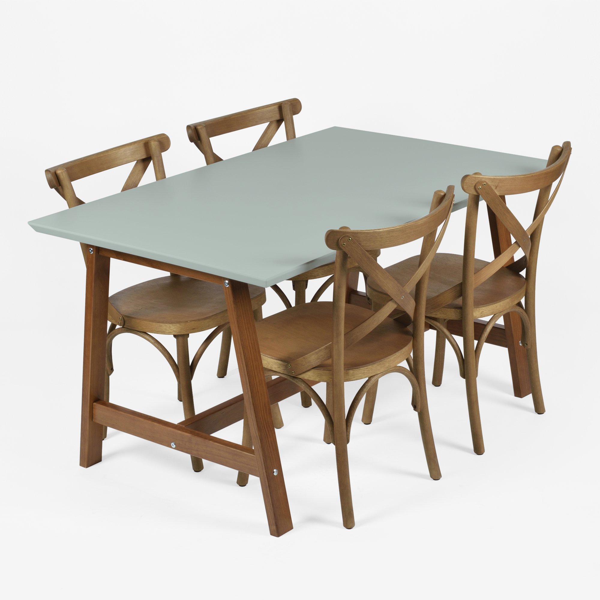 Conjunto Mesa de Jantar Retangular Marisa 135 cm com 4 Cadeiras Madeira  Maciça Tauari Viena - Verde Oliva/Amêndoa
