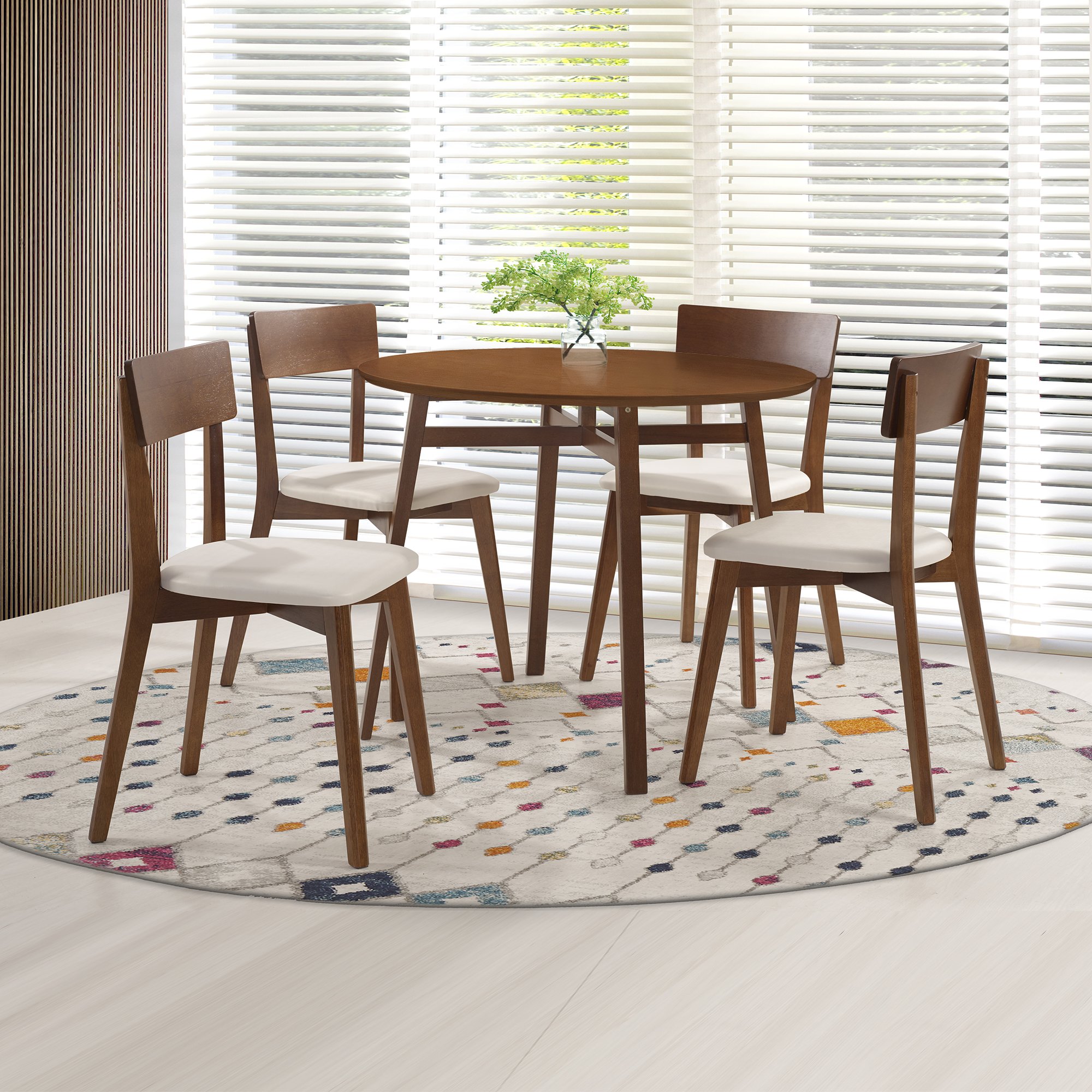 Conjunto Mesa de Jantar Livia Redonda 90 cm em Madeira Maciça com 4 Cadeiras  Estofadas Madeira Maciça - Amêndoa/Bege