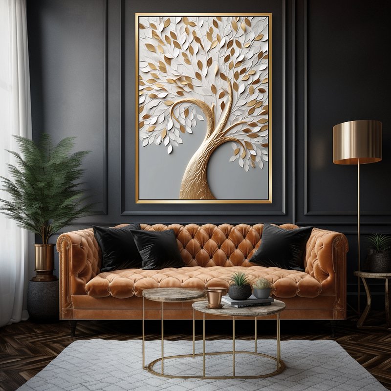 Quadro Decorativo árvore Gold com pétalas brancas v26