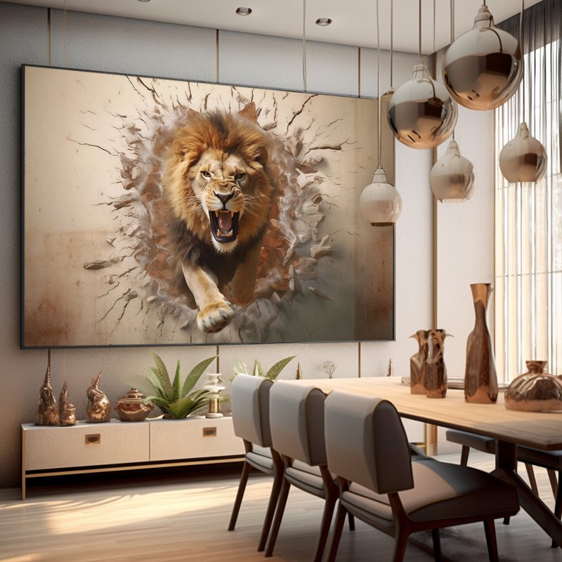 Quadro Decorativo Efeito 3D Leão quebrando parede