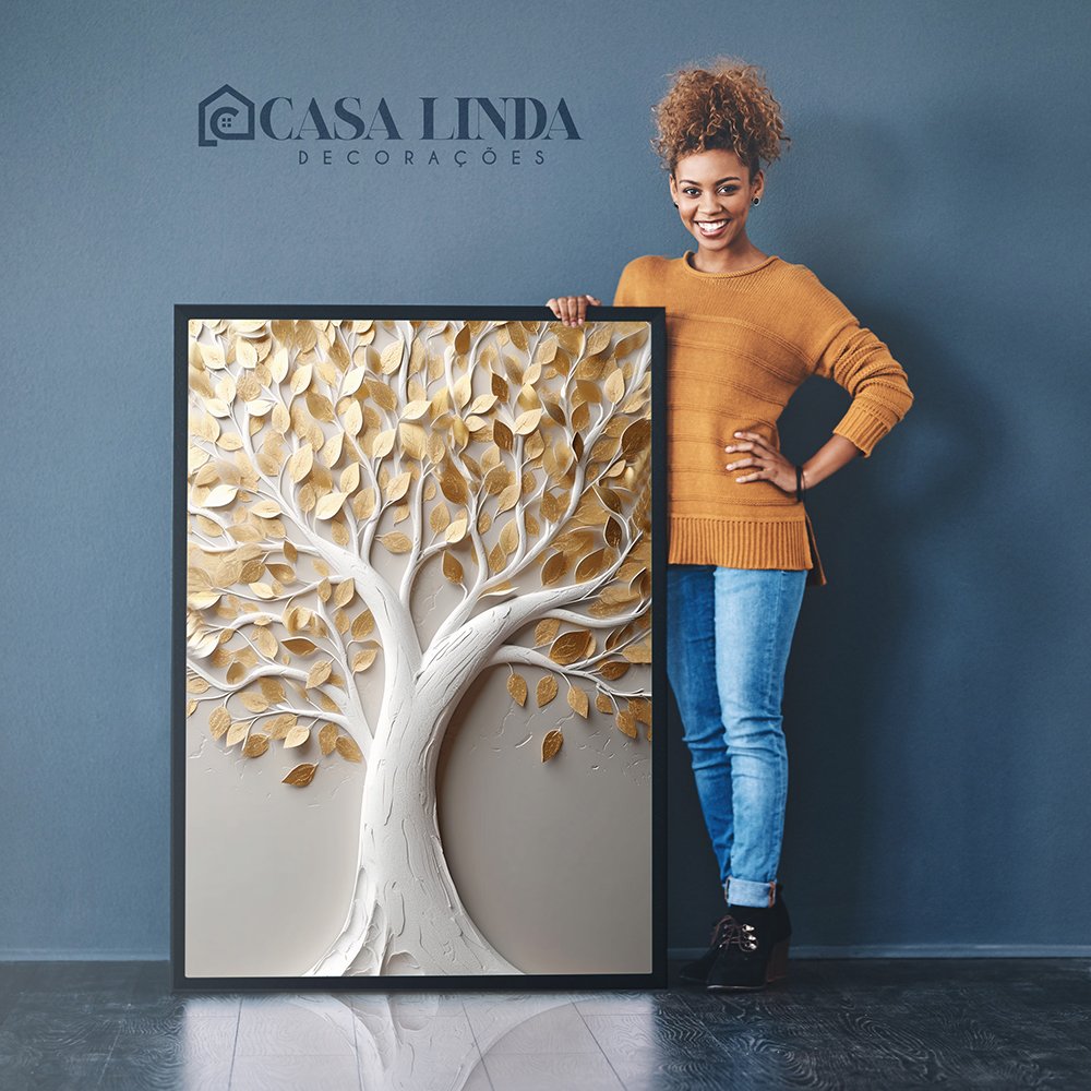 Quadro Decorativo Tronco Branco com Pétalas Douradas