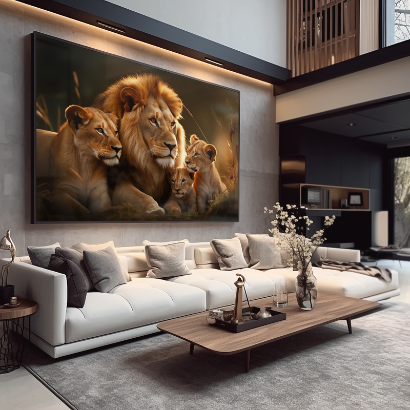 Quadro Decorativo Premium Moderno Sala de Estar Família de Leão Com Coroa  Quatro Filhotes