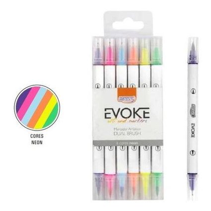 Caneta Brush Pen Dual Brw Evoke 6 Cores Neon