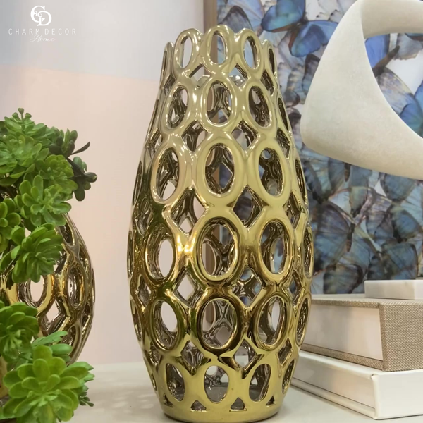 Vaso Decorativo Em Cerâmica Dourado 15x30cm