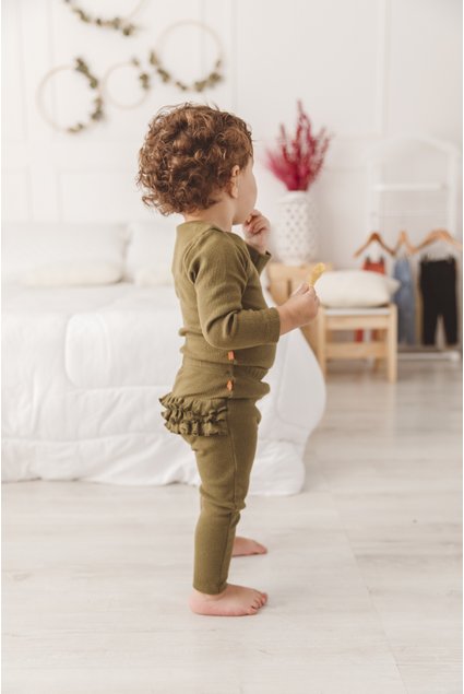 Calça Legging Frufru de Bebê Canelada Verde Militar Chiliquenta Baby