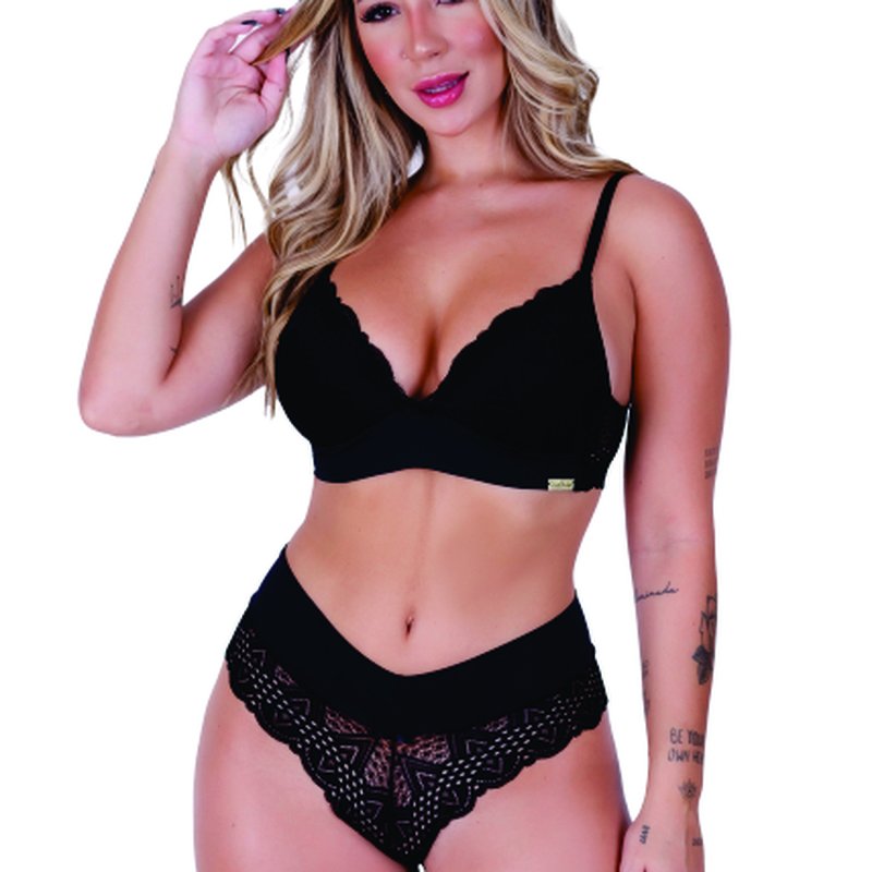 Conjunto com Bojo sem Aro Calcinha Fio Feminino Clamar Microfibra e Renda 1949 Conjunto com Bojo sem Aro Calcinha Fio Feminino Clamar Microfibra e Renda 1949