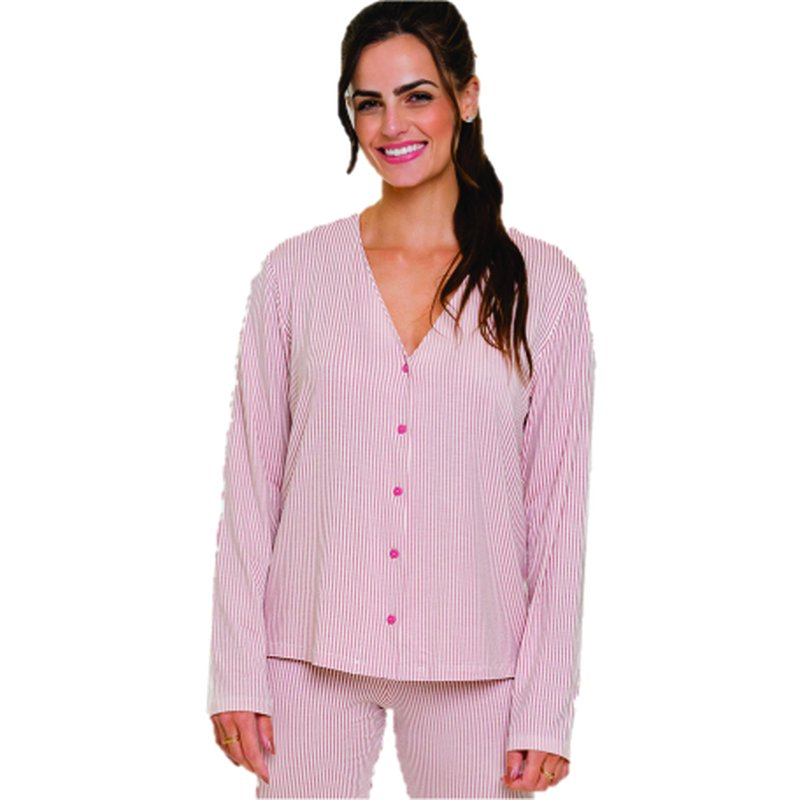 Pijama Longo Feminino Clamar Listra com Botões - 4981 Pijama Longo Feminino Clamar Listra com Botões - 4981