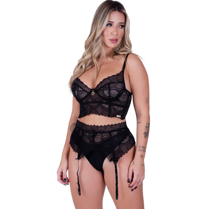 CONJUNTO DE LINGERIE SENSUAL RENDADO COM CINTA LIGA E CALCINHA FIO