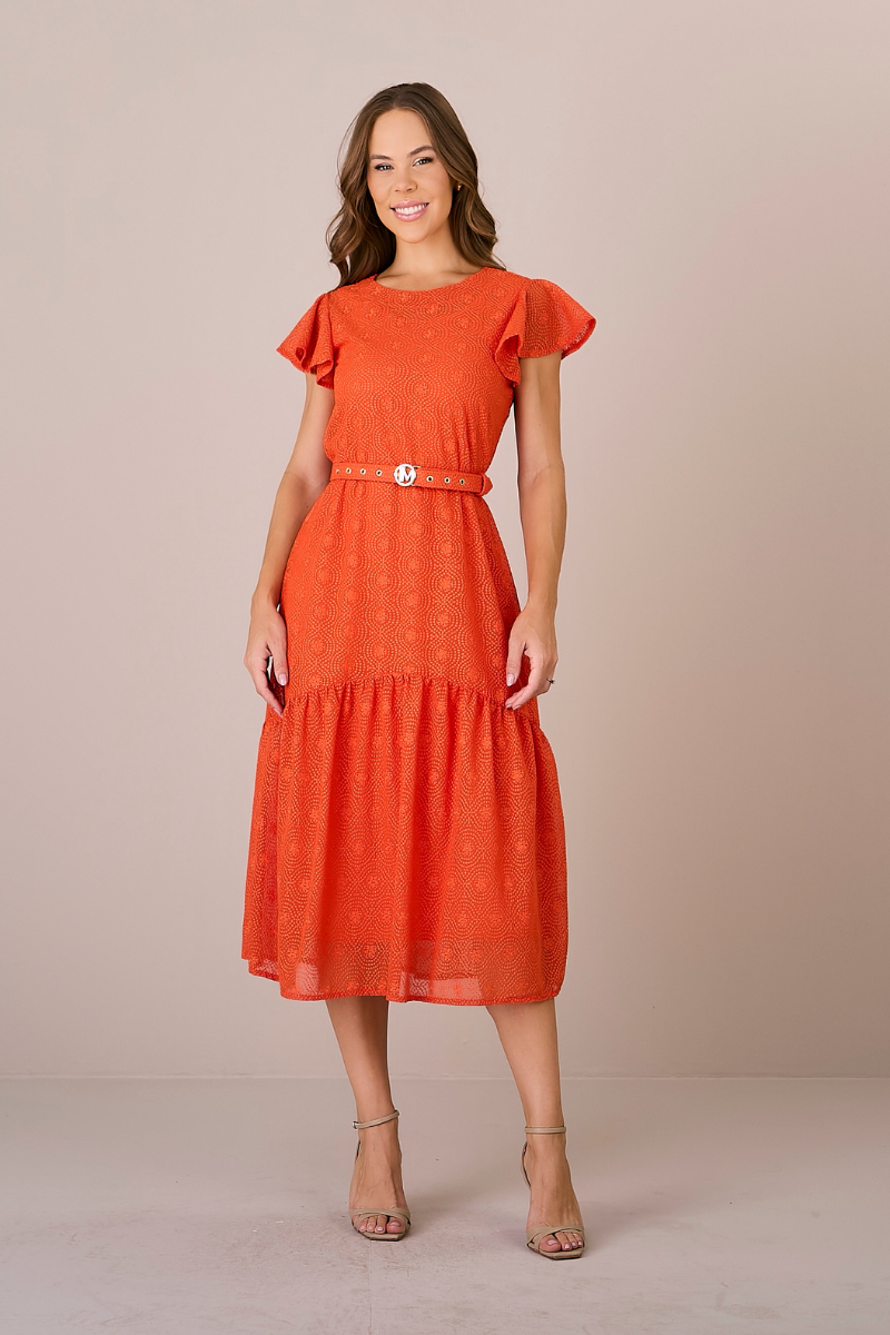 Vestido Midi Evasê Crepe Gita com Cinto Exclusivo