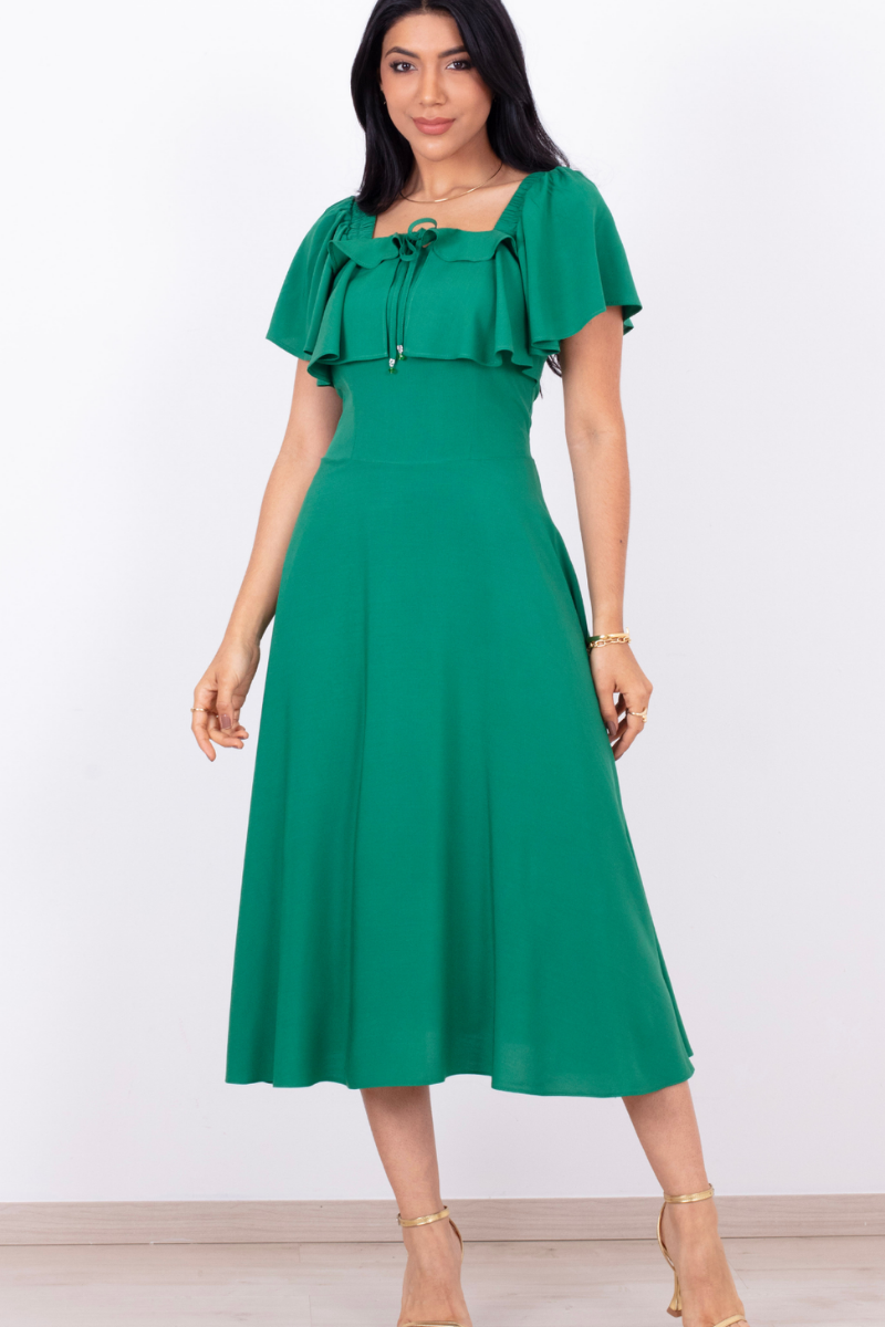 Vestido Midi Godê Viscose Decote Babado Verde Elegante