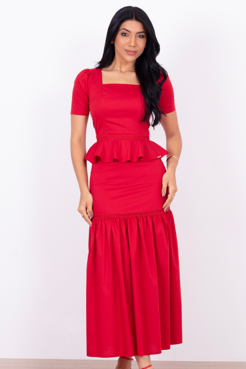 Conjunto Midi Peplum Decote Quadrado Guipir Vermelho Festas