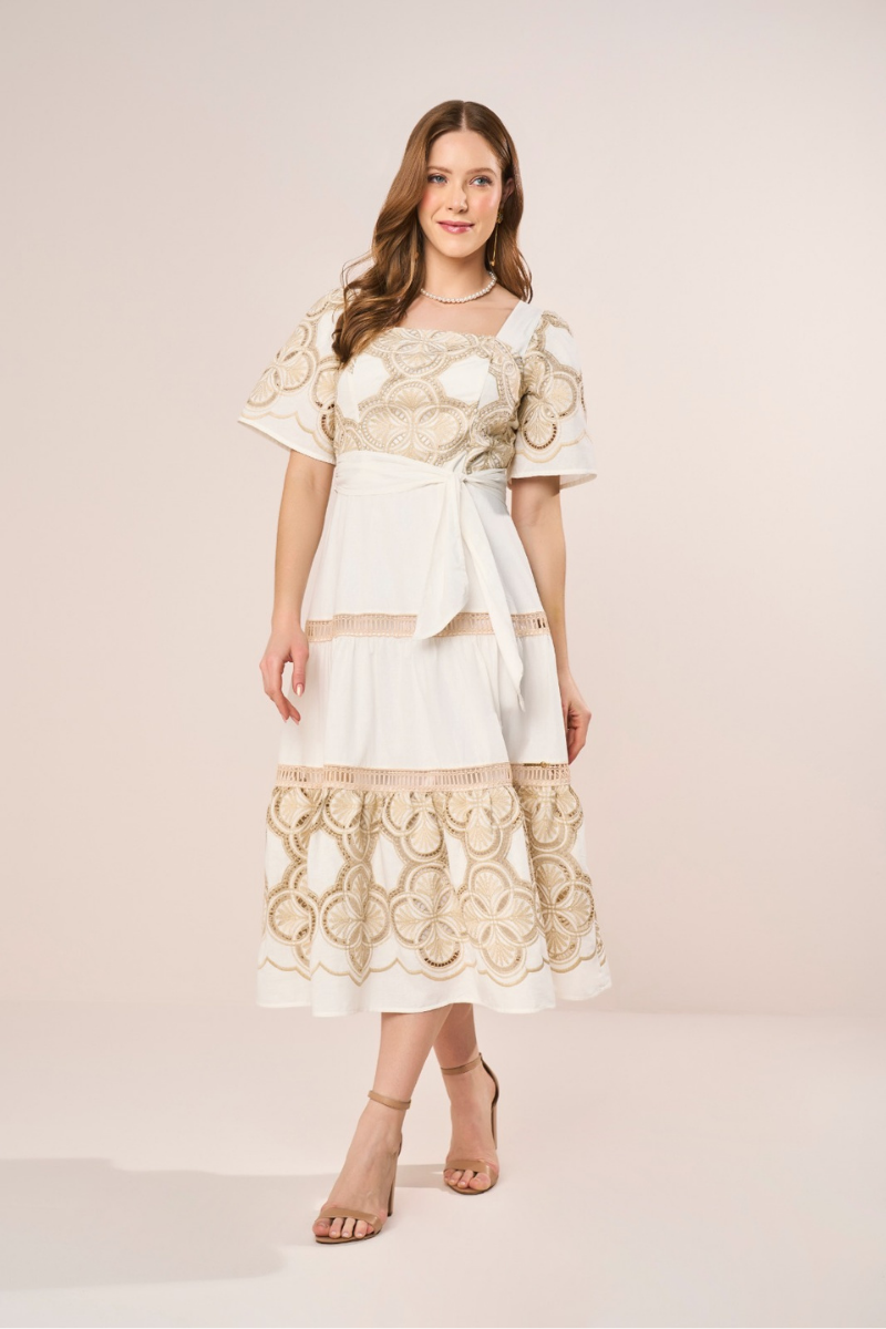 Vestido Midi Bordado Richelieu Off White Festa Romântico Evasê