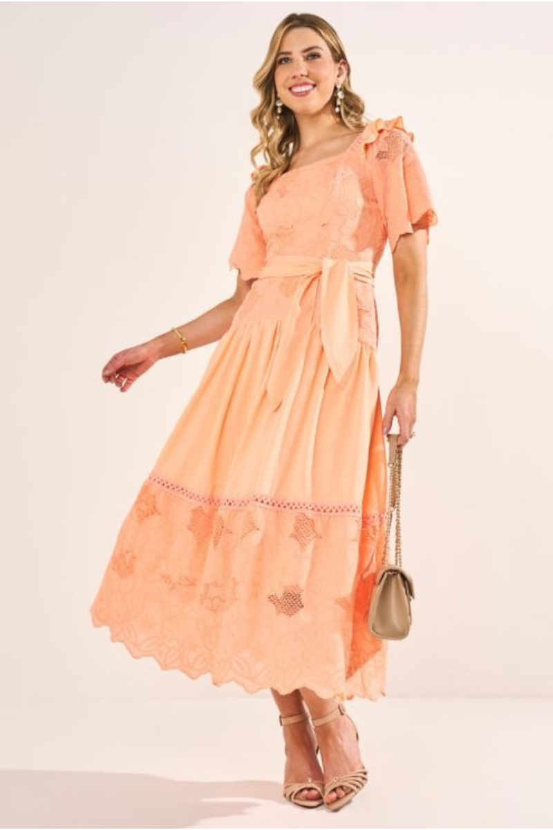 Vestido Midi Evasê Laranja Bordado Richelieu Algodão Fresco Feminino
