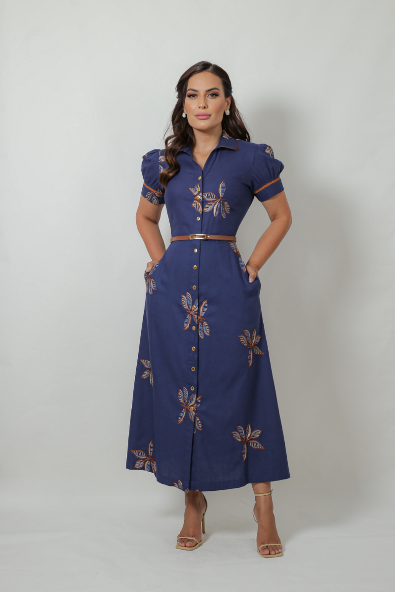 Vestido Midi Linho Bordado Azul Marinho  