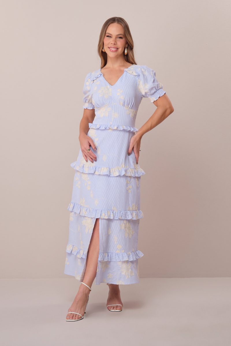 Vestido Maxi Midi Bordado com Babados