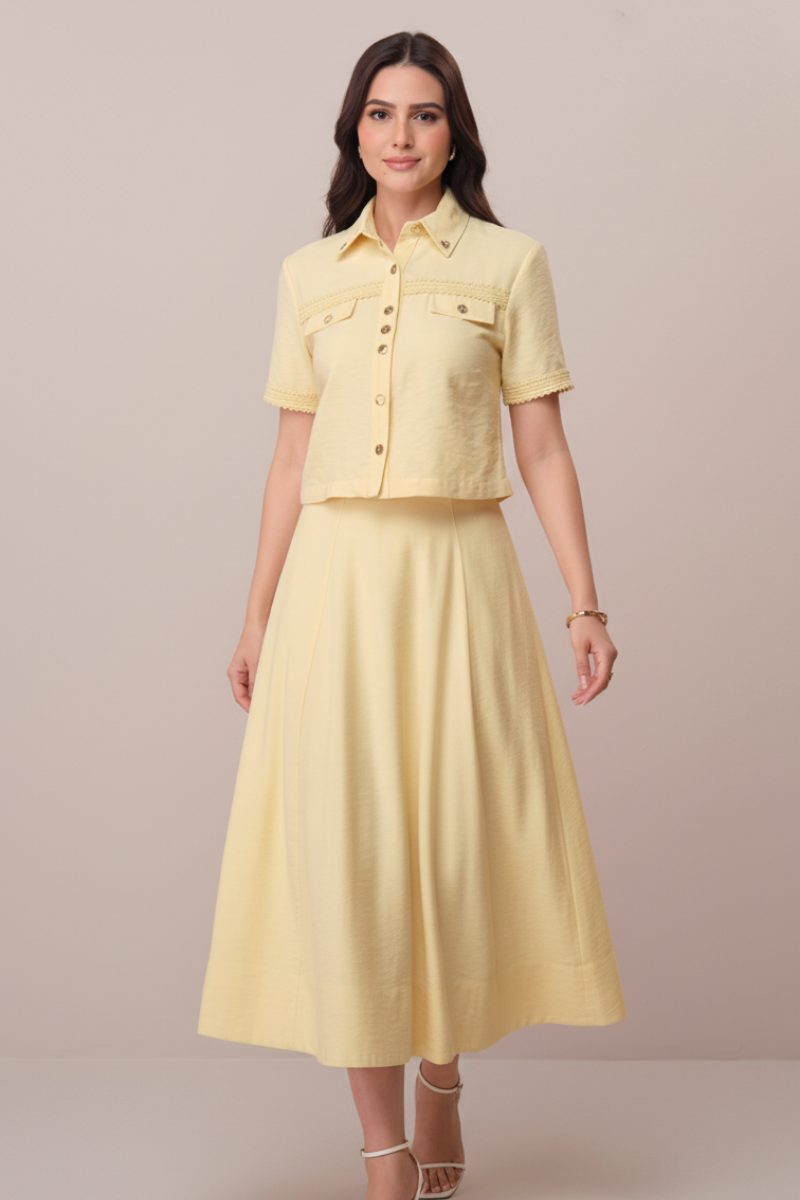 Conjunto Midi Alfaiataria Godê Feminino Amarelo